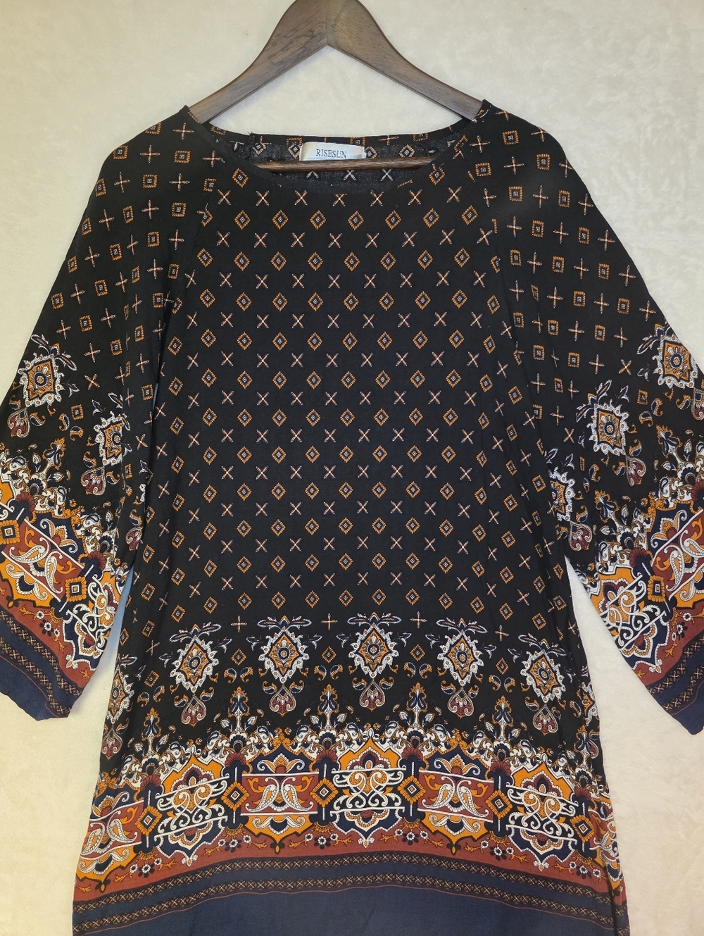 Black & Orange Patterned Bohemian Boatneck Tunic 3/4 Bell Sleeve Size Medium